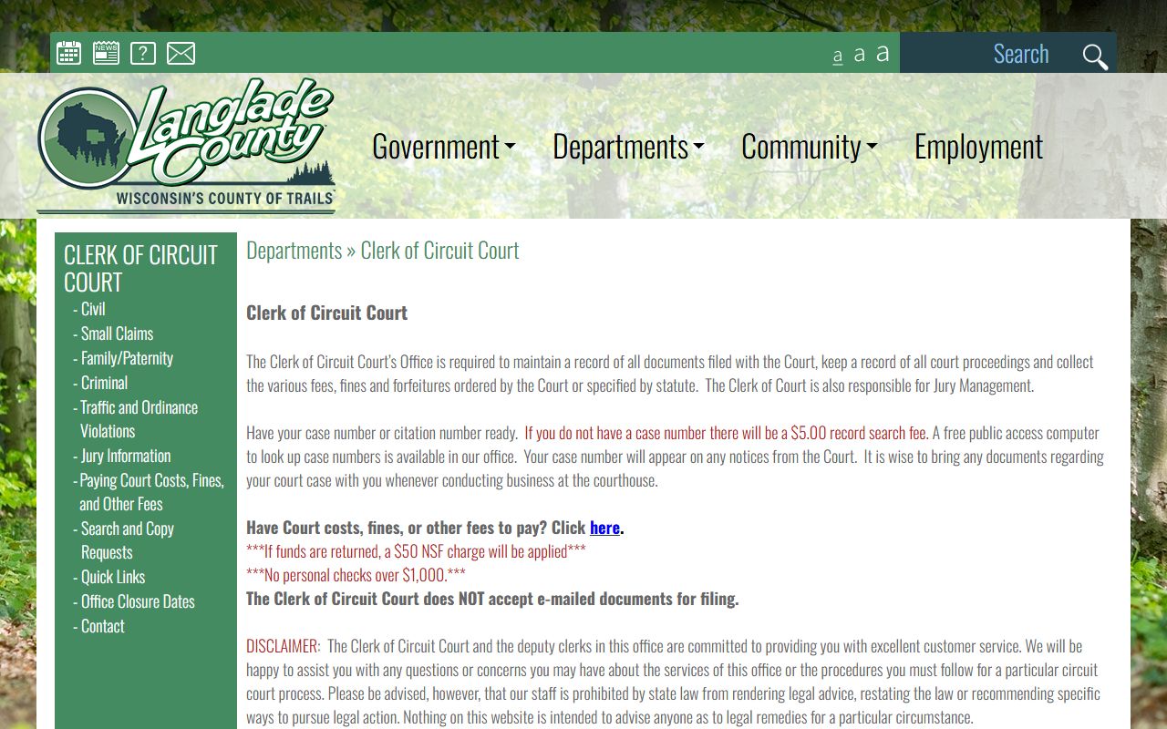 Langlade County bench warrants clerk of court resources