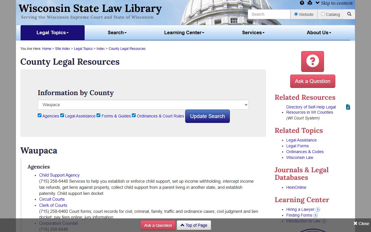 Waupaca County bench warrants state law library resources